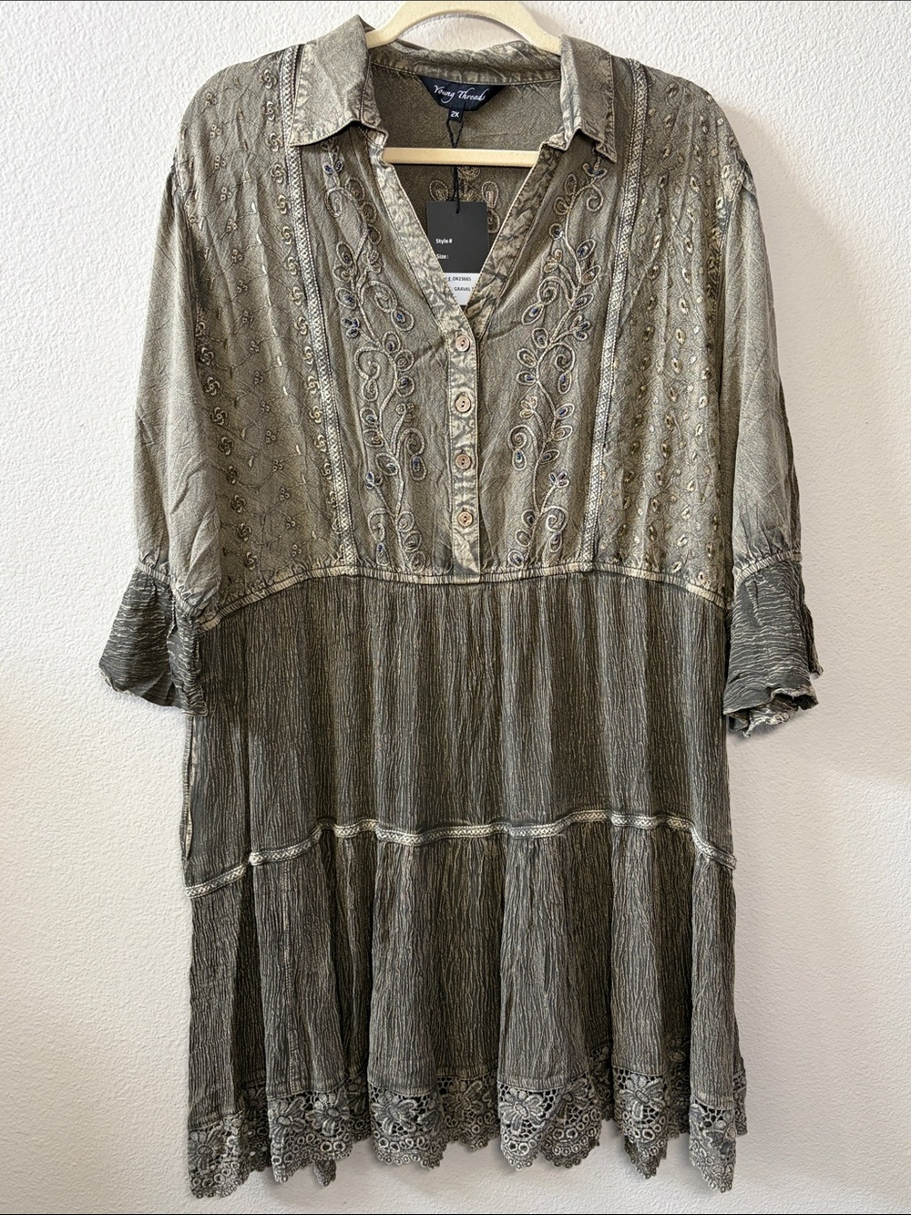 Crinkle Embroidered V-Neck Tunic Dress - Olive